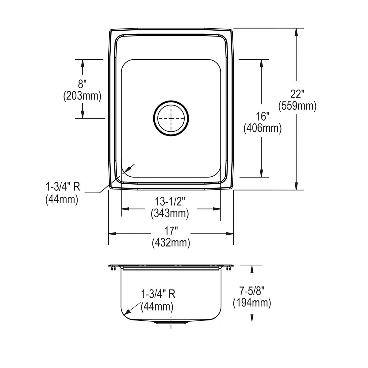 Single rectangular drop-in sink with rounded corners, one faucet hole, and dimension measurements shown in technical drawing 