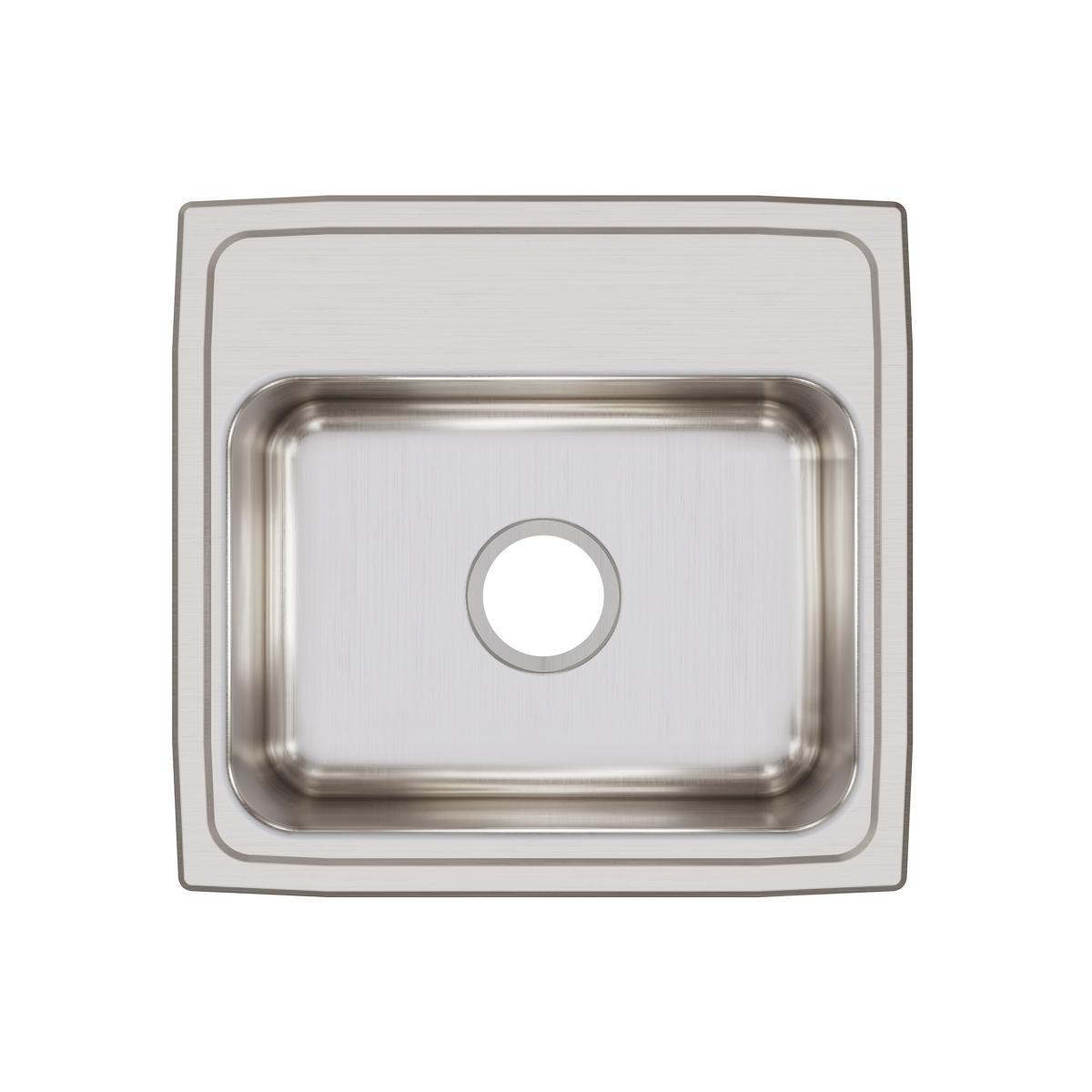 Stainless steel drop-in sink with single bowl and brushed finish, viewed from above.