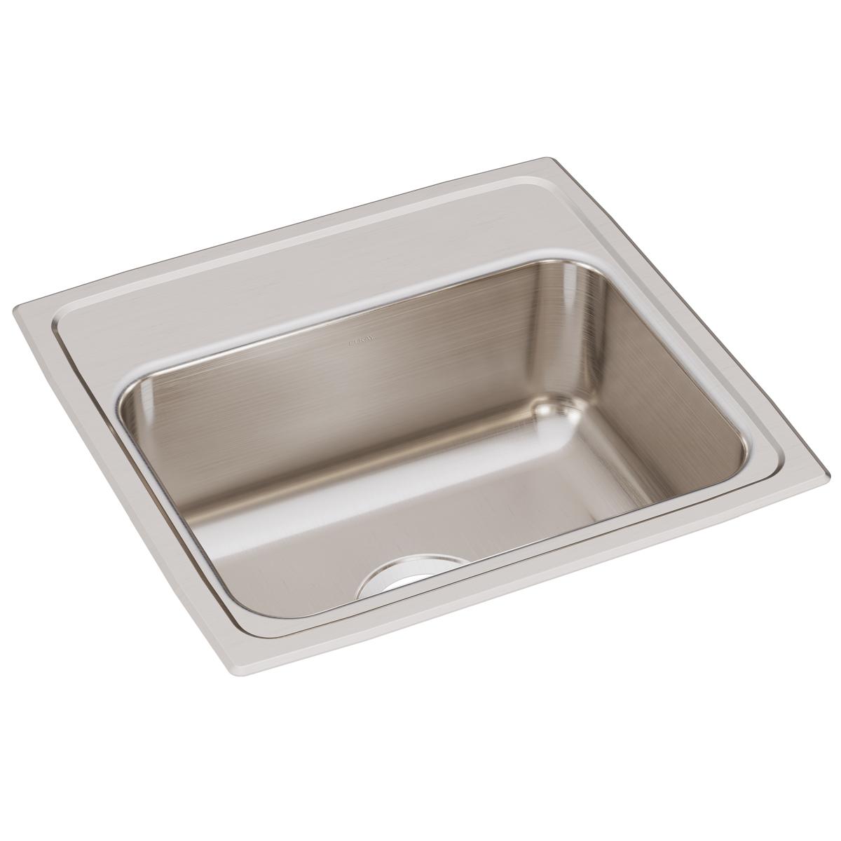 Stainless steel single bowl drop-in sink with brushed finish and sloped rim, shown from above at an angle.
