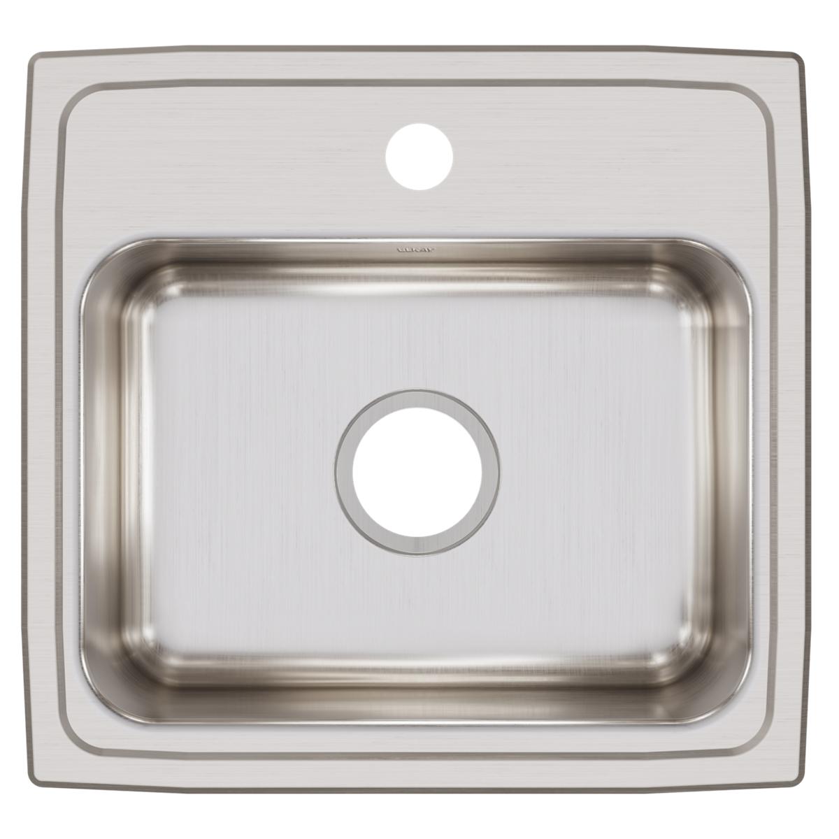 Stainless steel drop-in sink with single bowl, one hole for faucet, brushed finish rim.