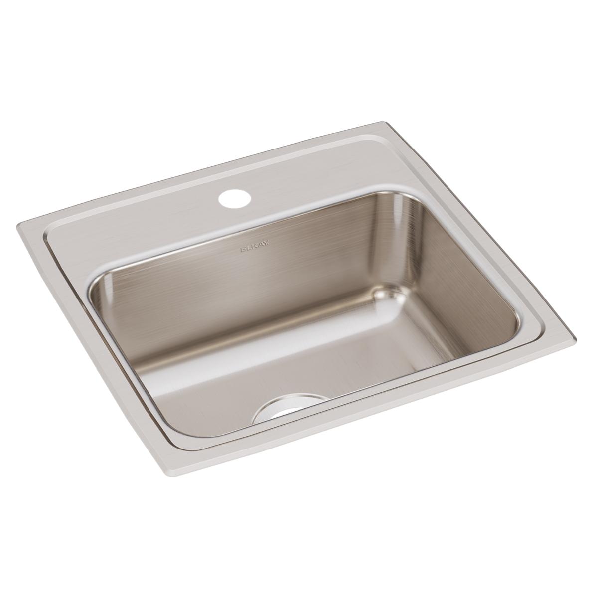 Stainless steel drop-in sink with single bowl and one faucet hole on the rim.
