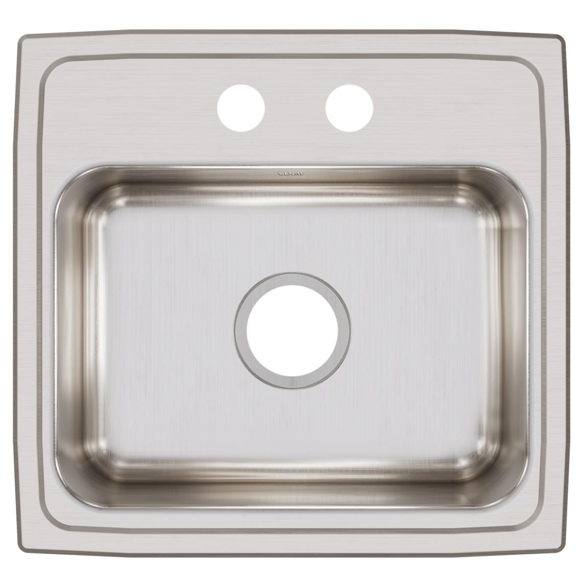Stainless steel drop-in sink with single bowl and two pre-drilled faucet holes on brushed surface.