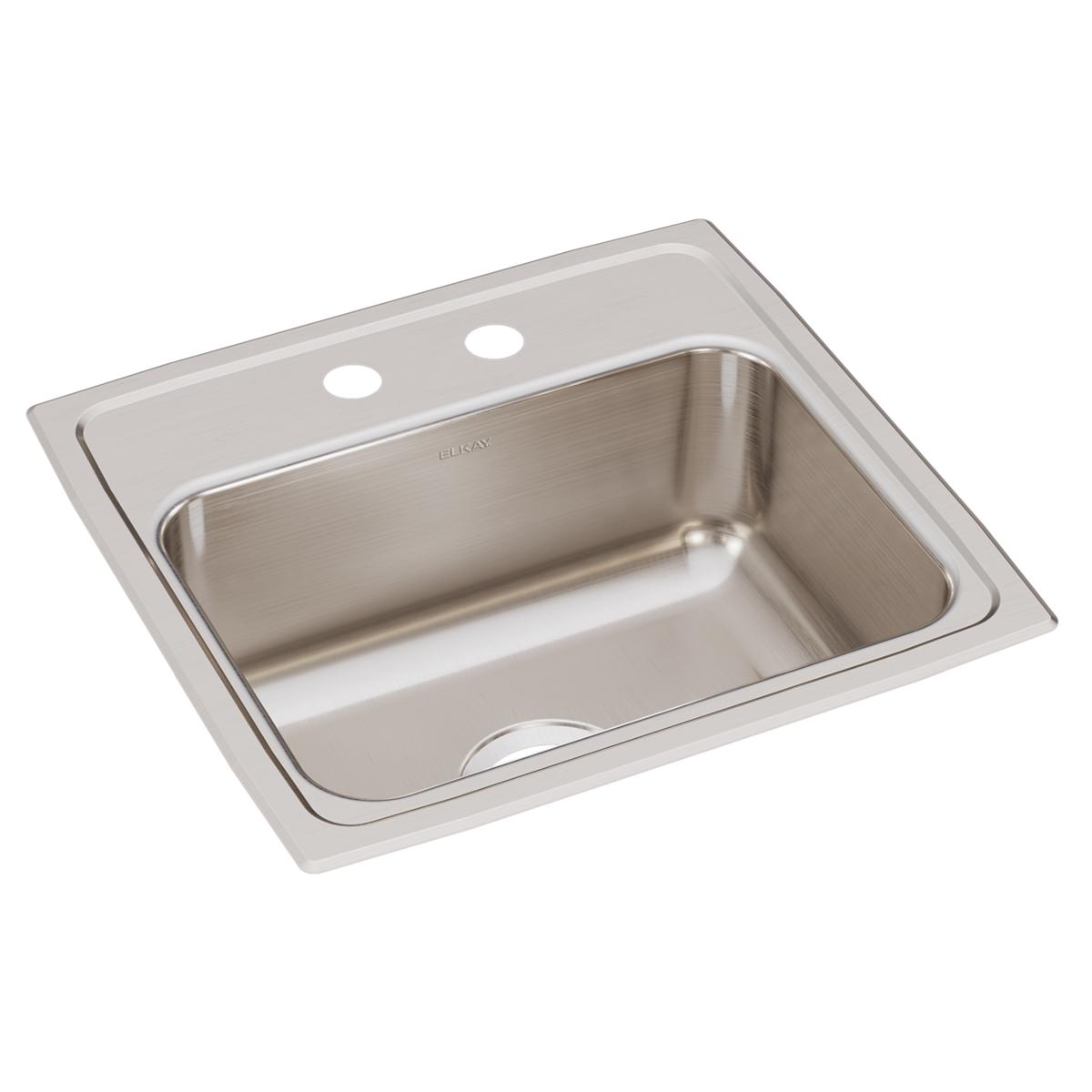 Stainless steel drop-in sink with single bowl, two pre-drilled faucet holes, and brushed finish.
