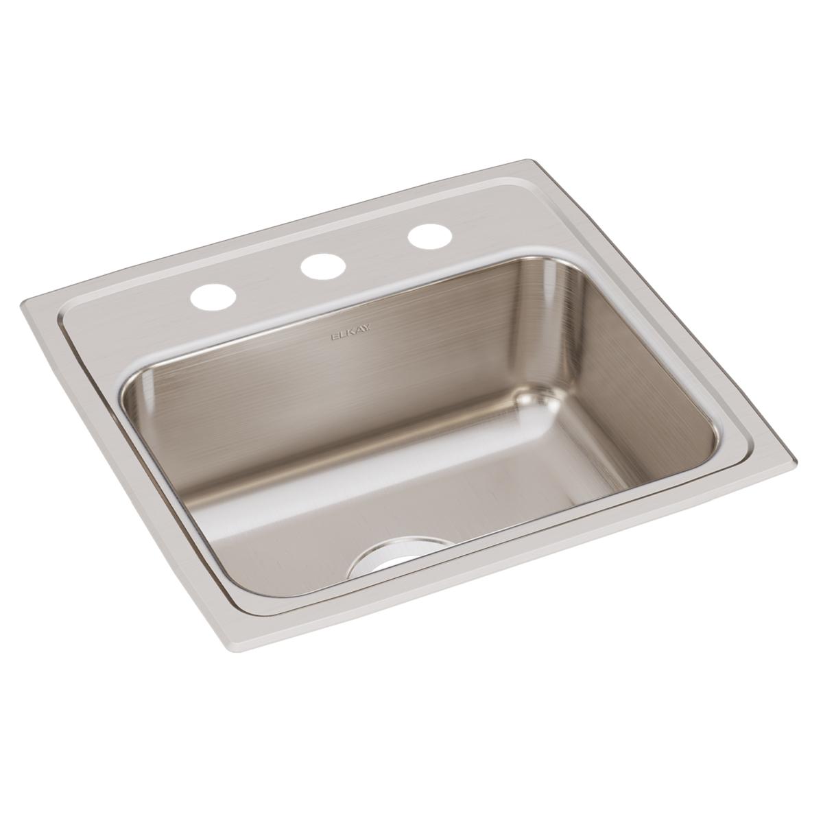 Stainless steel drop-in sink with single bowl, three pre-drilled holes, and brushed finish surface.
