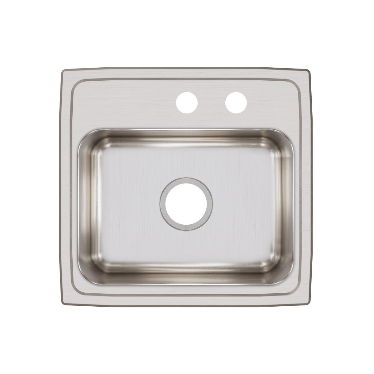 Stainless steel drop-in sink with single bowl, two faucet holes at top, and brushed finish.