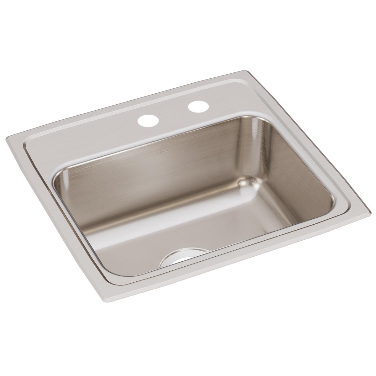 Stainless steel single bowl drop-in sink with two faucet holes and brushed finish.