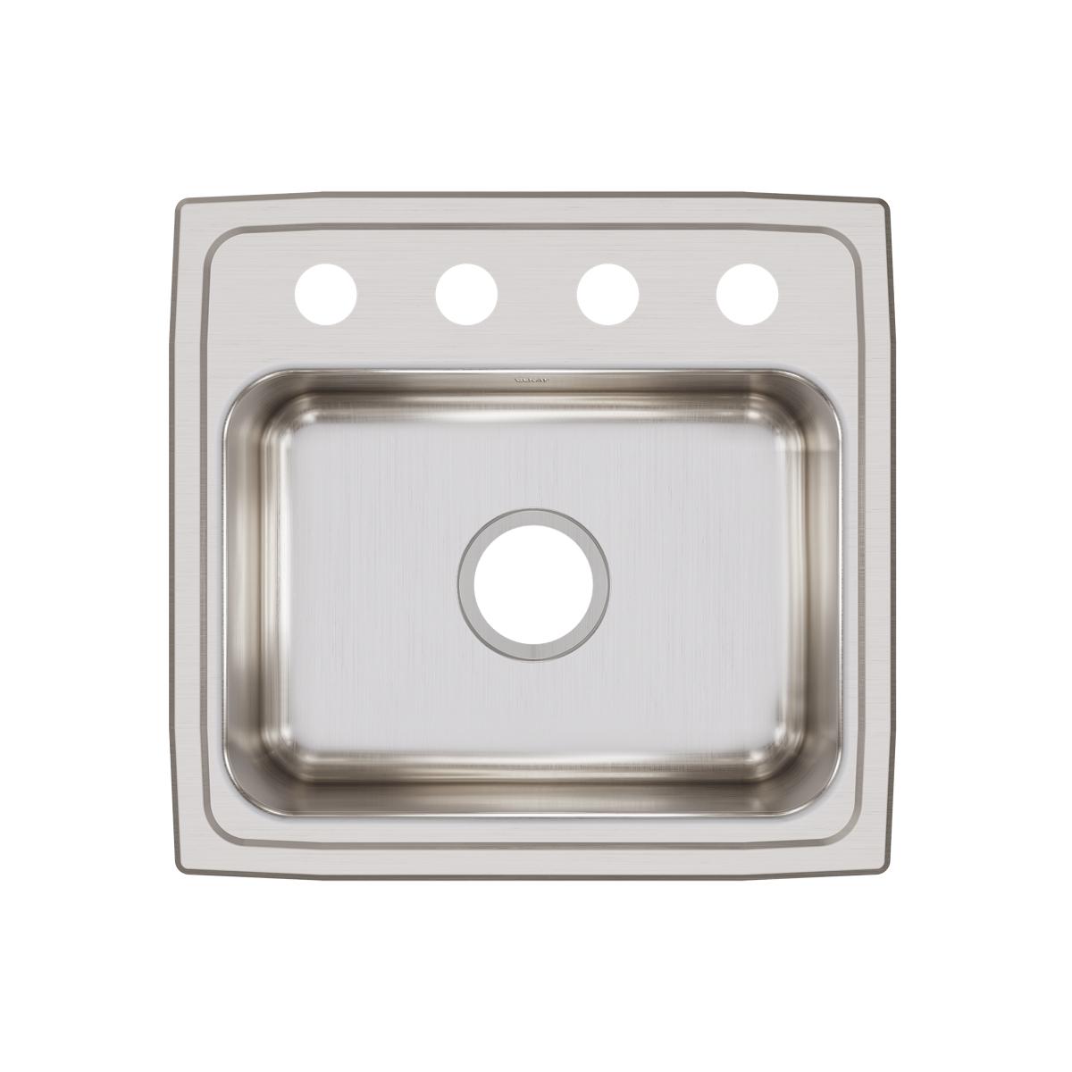 Stainless steel drop-in sink with single bowl and four pre-drilled holes along the rim, viewed from above.