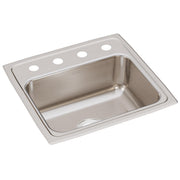 Stainless steel drop-in sink with single bowl and four pre-drilled holes on rim for faucet mounting.