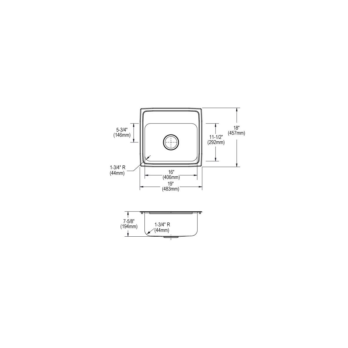 Stainless steel single bowl drop-in sink with rounded corners and centered drain hole, shown in top and side technical views 
