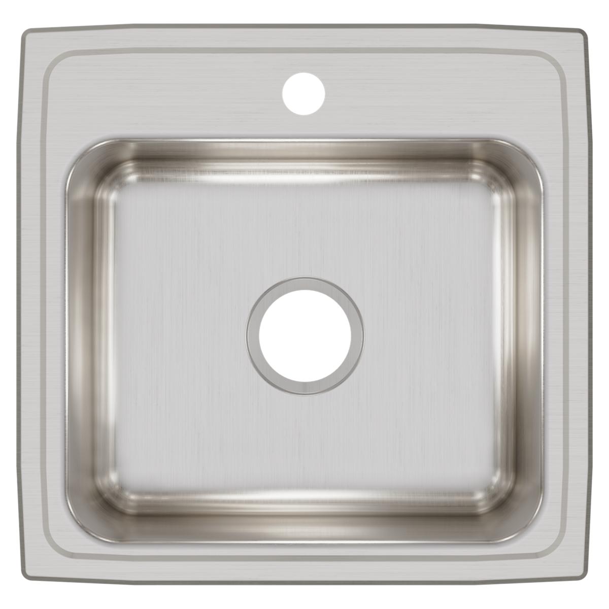 Stainless steel single bowl drop-in sink with one hole and brushed finish, viewed from above.