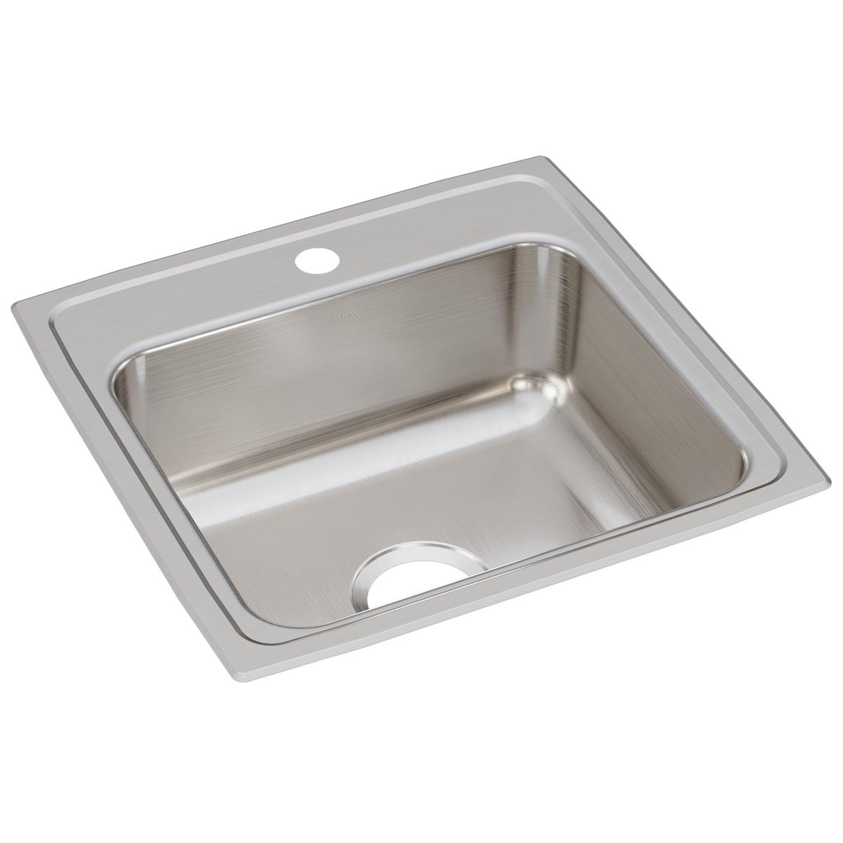 Stainless steel drop-in sink with single rectangular bowl and one faucet hole.