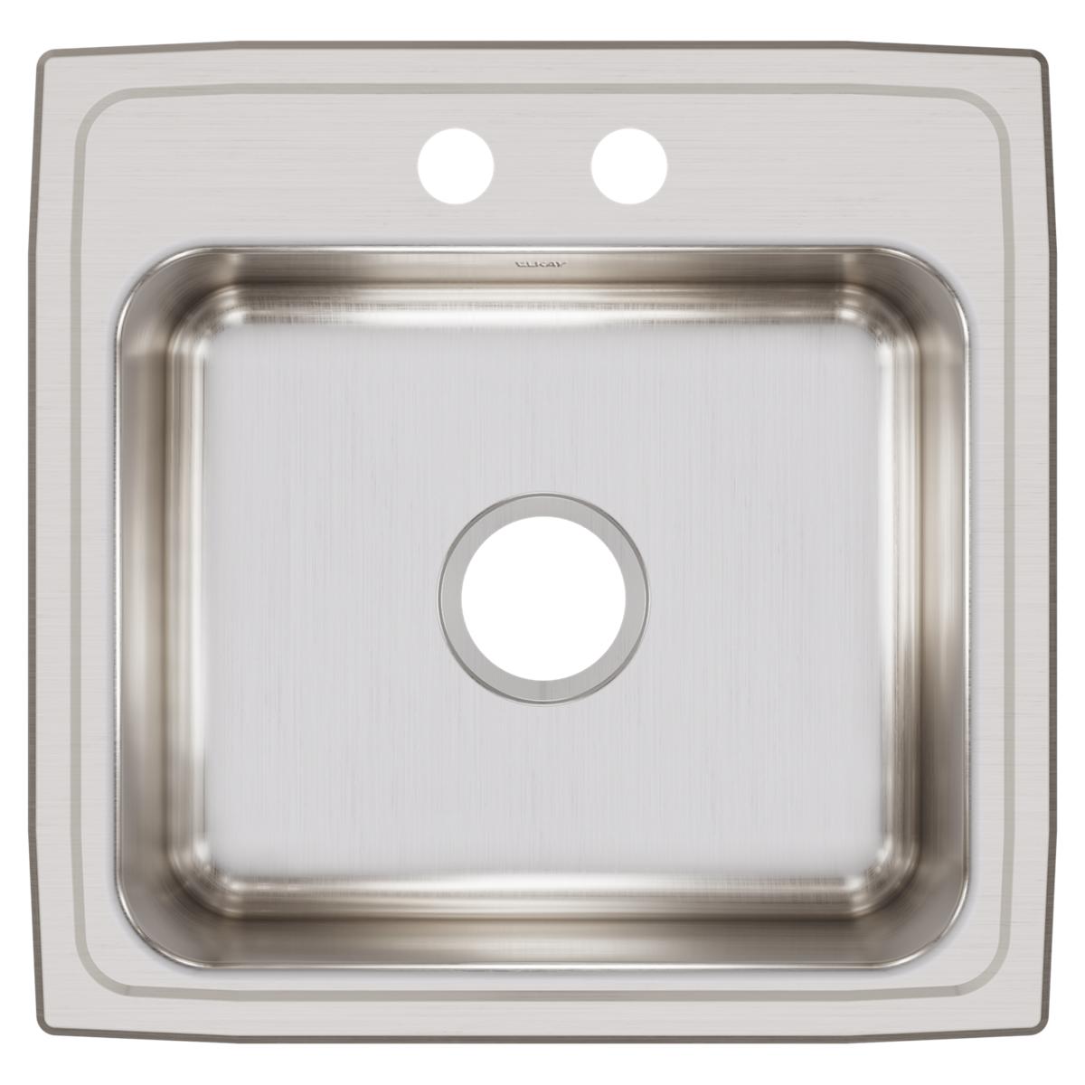 Stainless steel single bowl drop-in sink with brushed finish and two pre-drilled holes on the rim for faucet mounting.