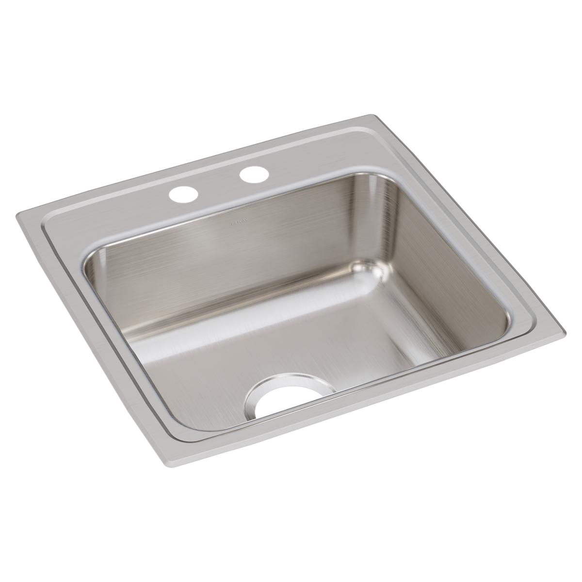 Stainless steel drop-in sink with single bowl, two pre-drilled faucet holes, and brushed finish.