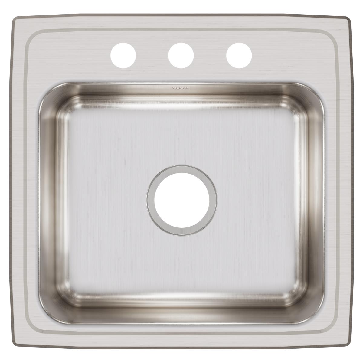 Stainless steel drop-in sink with single bowl, three faucet holes, and brushed satin finish.