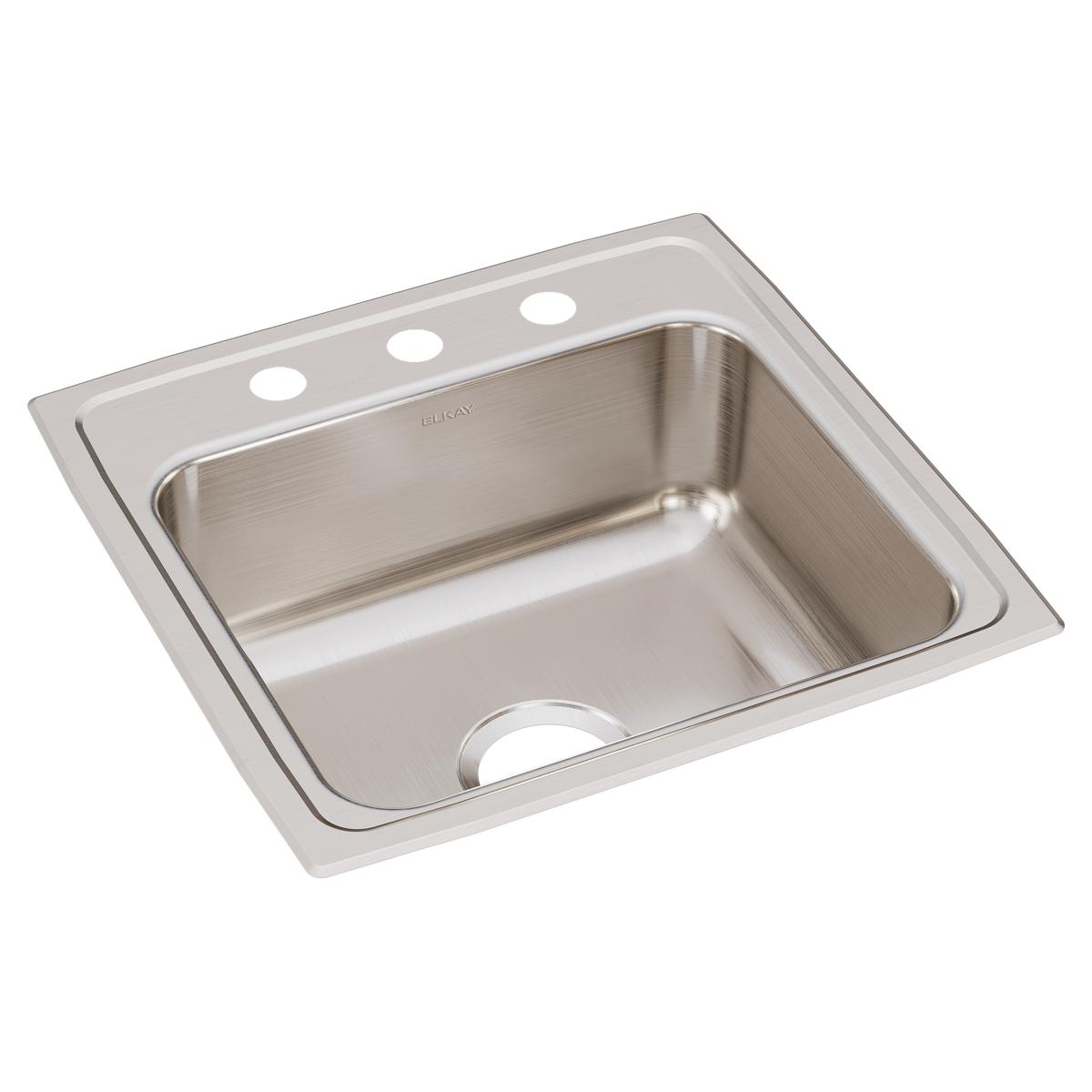 Stainless steel drop-in sink with single bowl, three pre-drilled holes on rim, and brushed finish.