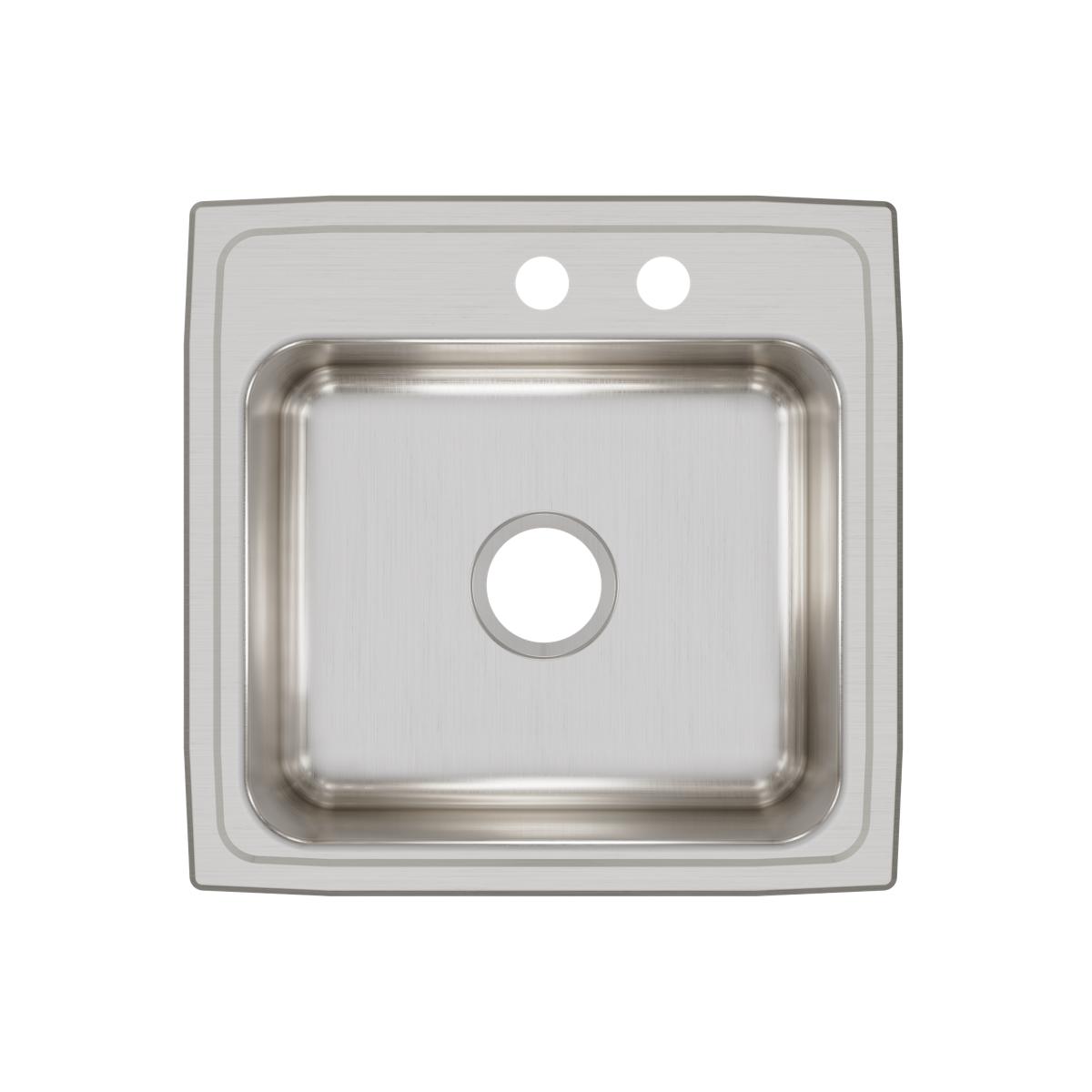 Stainless steel drop-in sink with single bowl, two faucet holes, and brushed finish, viewed from above.