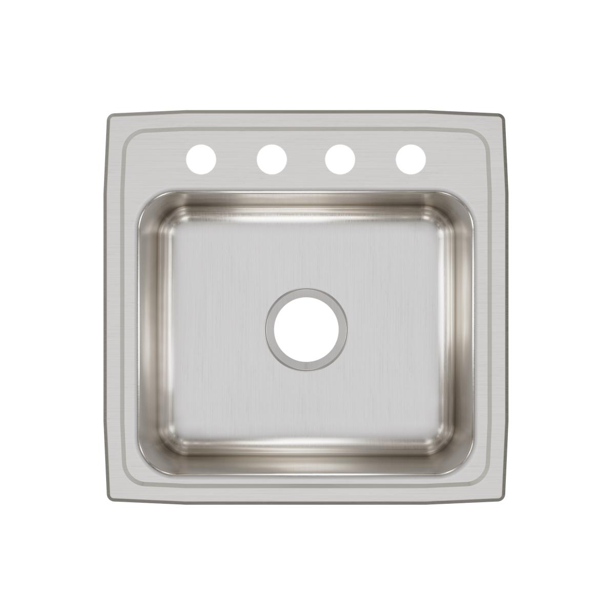 Stainless steel drop-in sink with single square bowl and four pre-drilled holes across the rim, viewed from above.