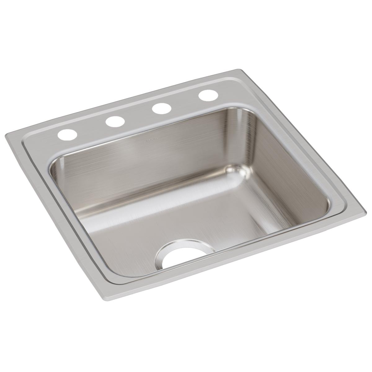 Stainless steel drop-in sink with single bowl and four faucet holes along the rim.