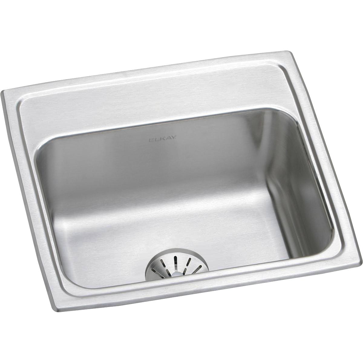 Stainless steel single bowl drop-in sink with brushed finish and drain strainer in center.