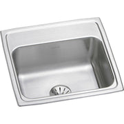 Stainless steel single bowl drop-in sink with brushed finish and drain strainer in center.