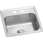 Stainless steel drop-in sink with single bowl, two mounting holes, and drain strainer visible at bottom.