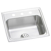Stainless steel drop-in sink with single bowl, three mounting holes, and drain strainer visible.