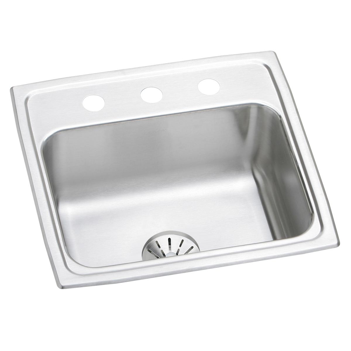 Stainless steel drop-in sink with single bowl, three mounting holes, and drain strainer visible.