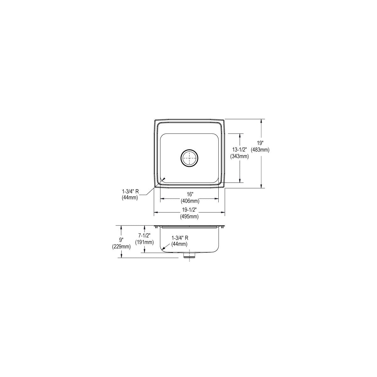 Stainless steel square drop-in sink with single bowl, one faucet hole, and drain outlet shown in top and side technical drawi