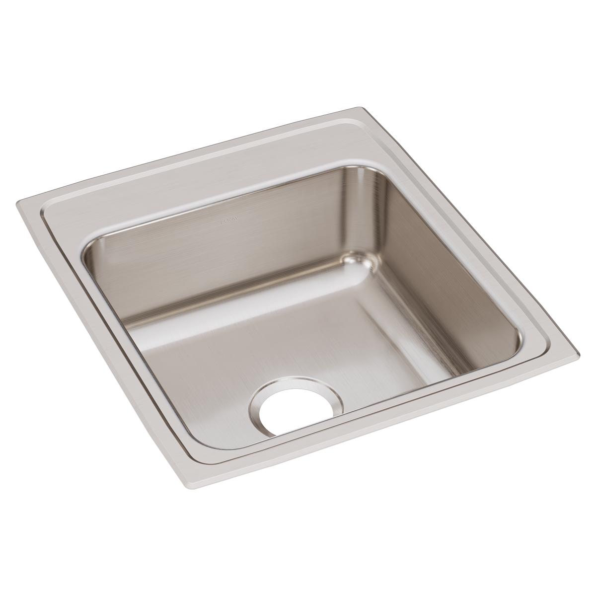 Stainless steel single bowl drop-in sink with brushed finish and one drain hole, viewed from above at an angle.