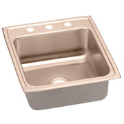 Copper drop-in sink with single bowl, three pre-drilled holes on deck rim, and brushed finish.