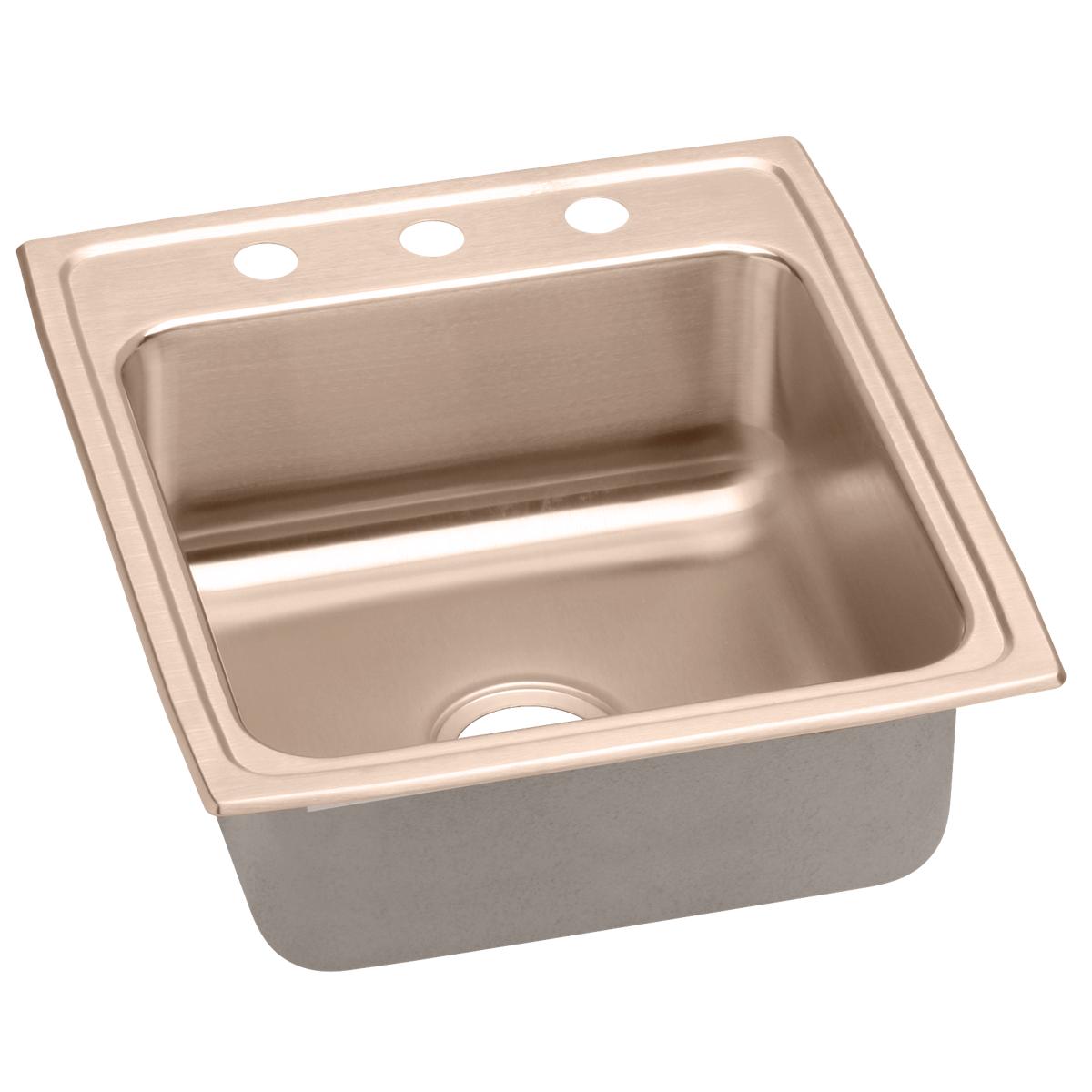 Copper drop-in sink with single bowl, three pre-drilled holes on deck rim, and brushed finish.