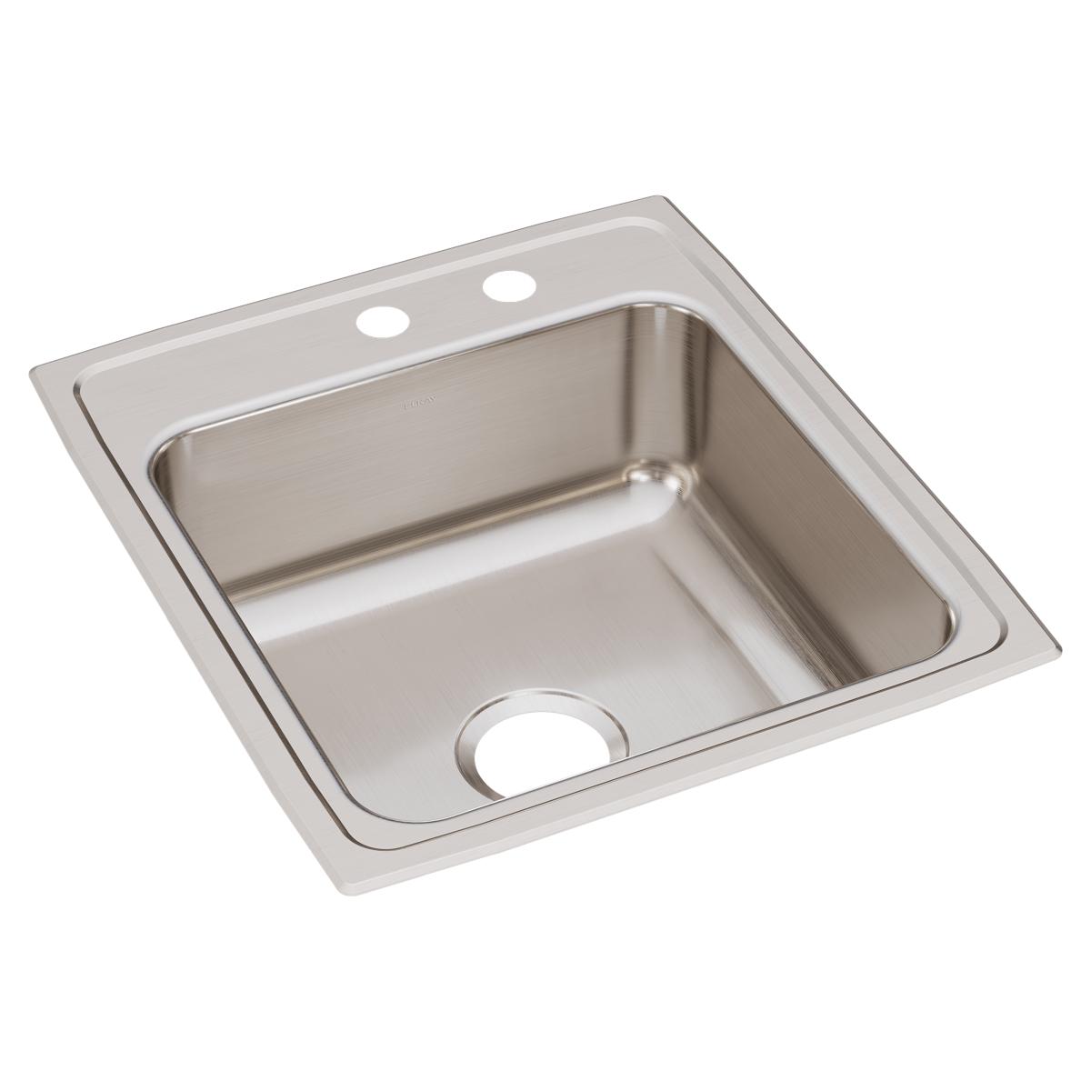 Stainless steel single bowl drop-in sink with two pre-drilled holes and brushed finish.