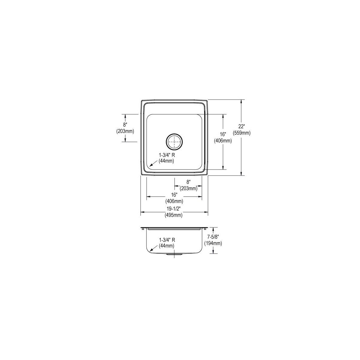 Elkay Lustertone Classic Stainless Steel 19-1/2" x 22" x 7-5/8", 0-Hole Single Bowl Drop-in Sink