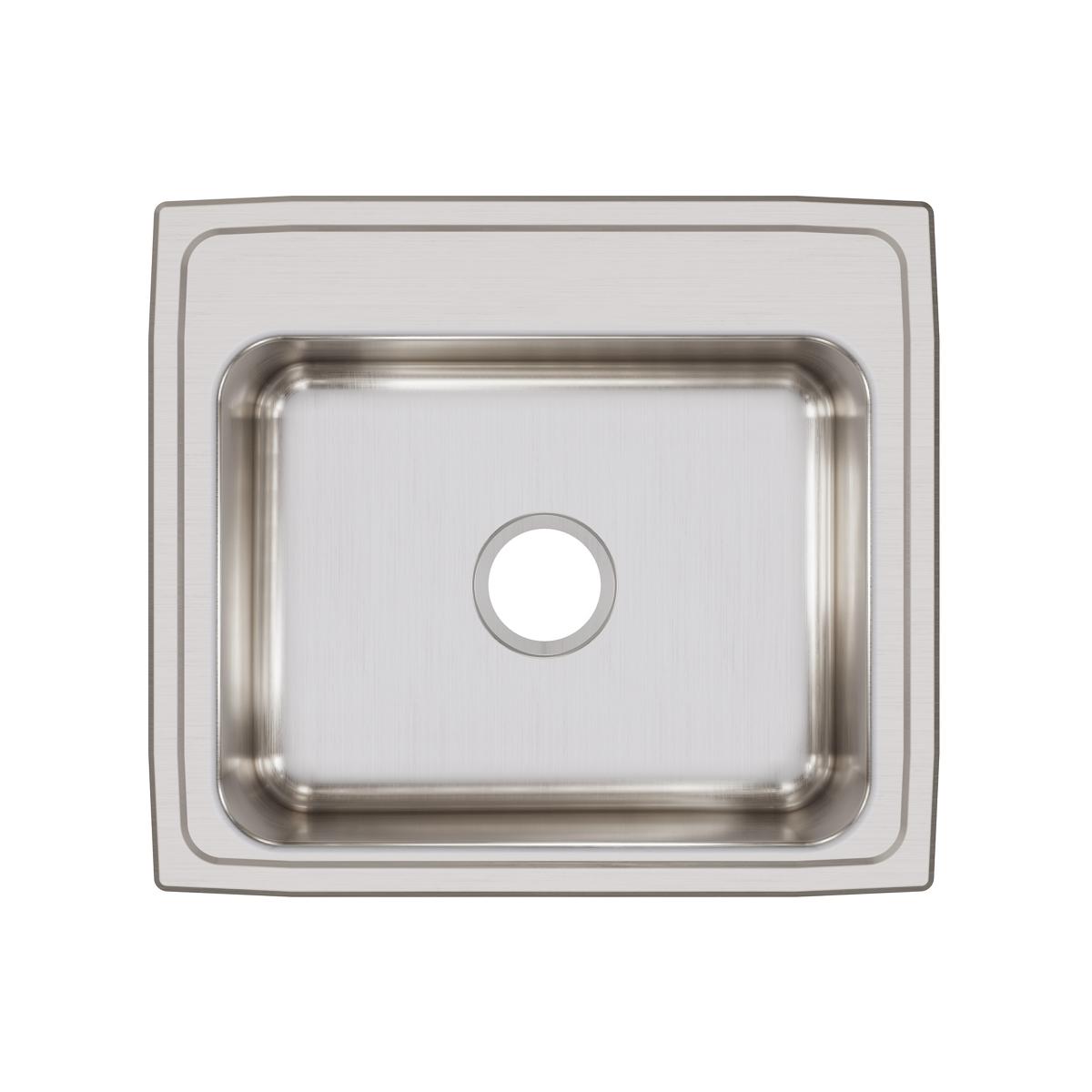 Stainless steel drop-in sink with single bowl and brushed finish, viewed from above.