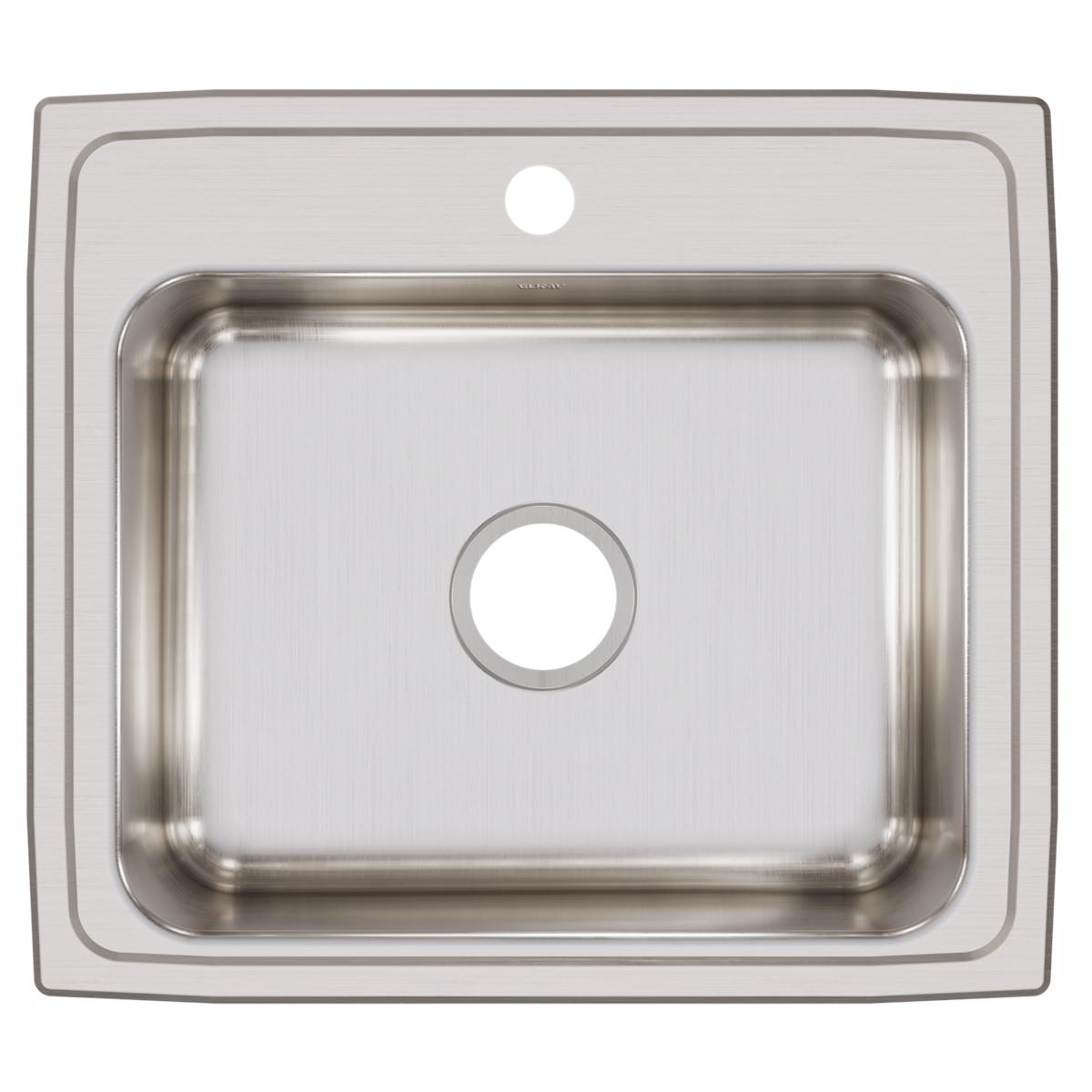 Stainless steel drop-in sink with single bowl, one pre-drilled faucet hole, and brushed finish surface.