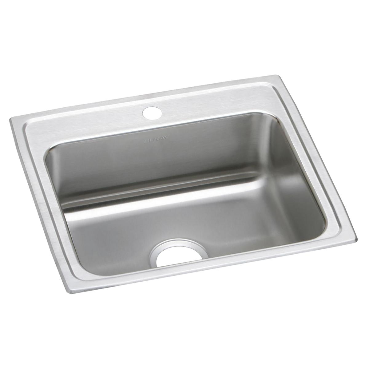 Stainless steel drop-in sink with single bowl, one faucet hole, and brushed finish surface.