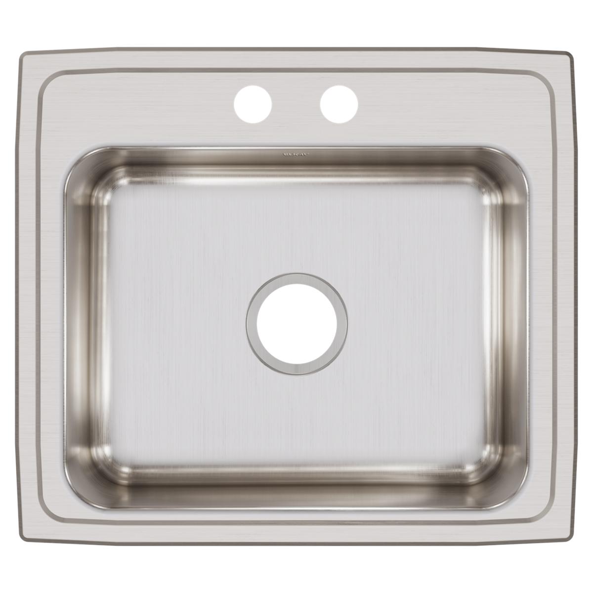 Stainless steel drop-in sink with single bowl, two faucet holes, and brushed finish surface.