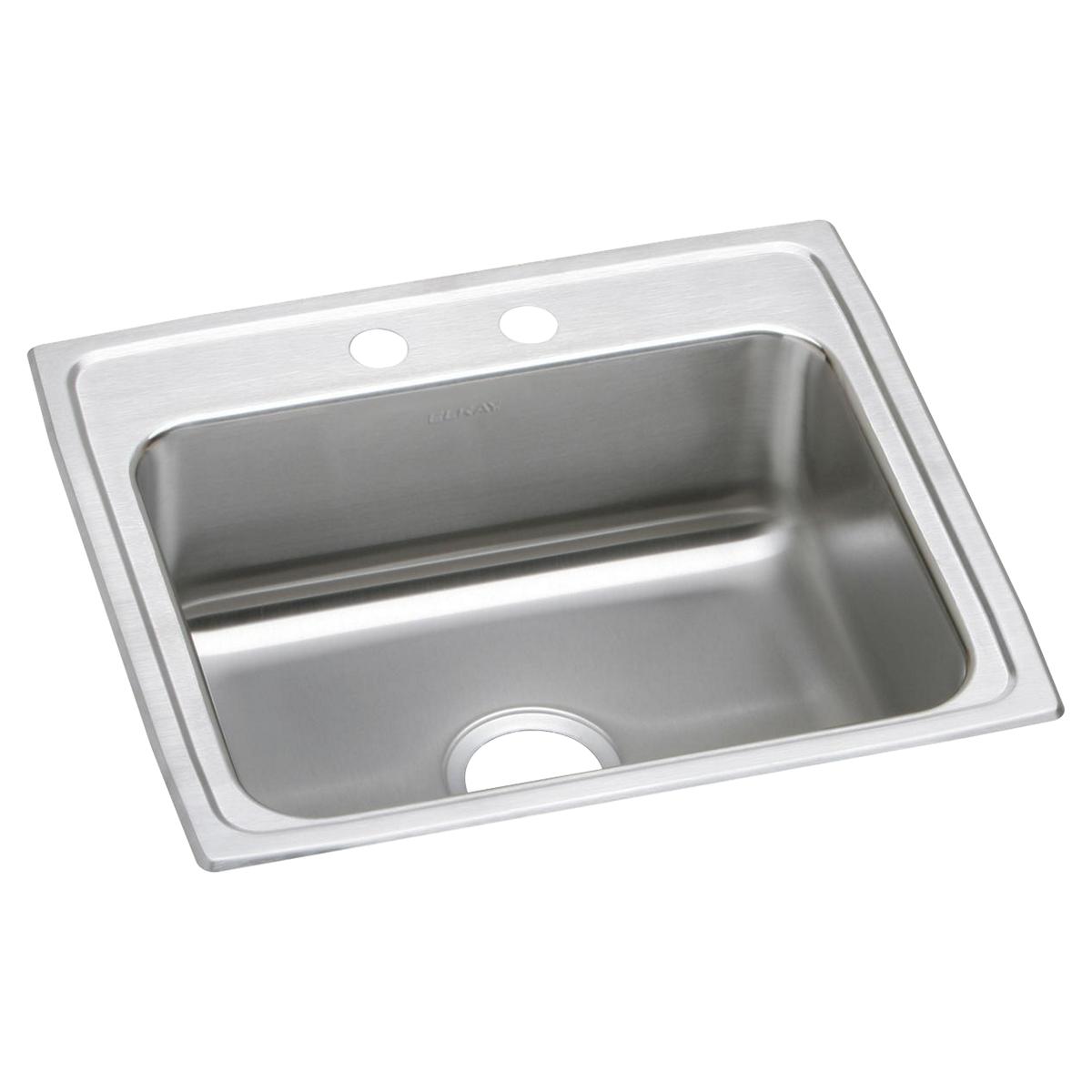 Stainless steel drop-in sink with single bowl, two pre-drilled holes on brushed surface rim, and drain opening.
