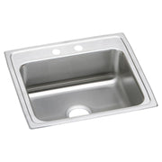 Stainless steel drop-in sink with single bowl, two pre-drilled holes on brushed surface rim, and drain opening.