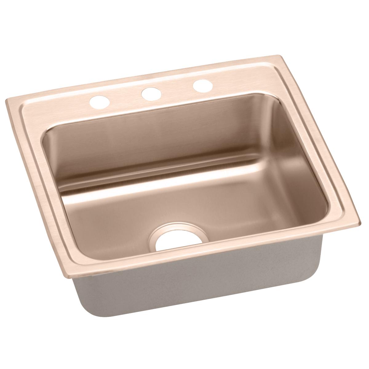 Copper-colored drop-in sink with single bowl, one drain hole, and three faucet holes on the rim.