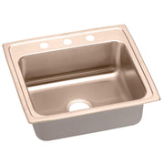 Copper-colored drop-in sink with single bowl, one drain hole, and three faucet holes on the rim.