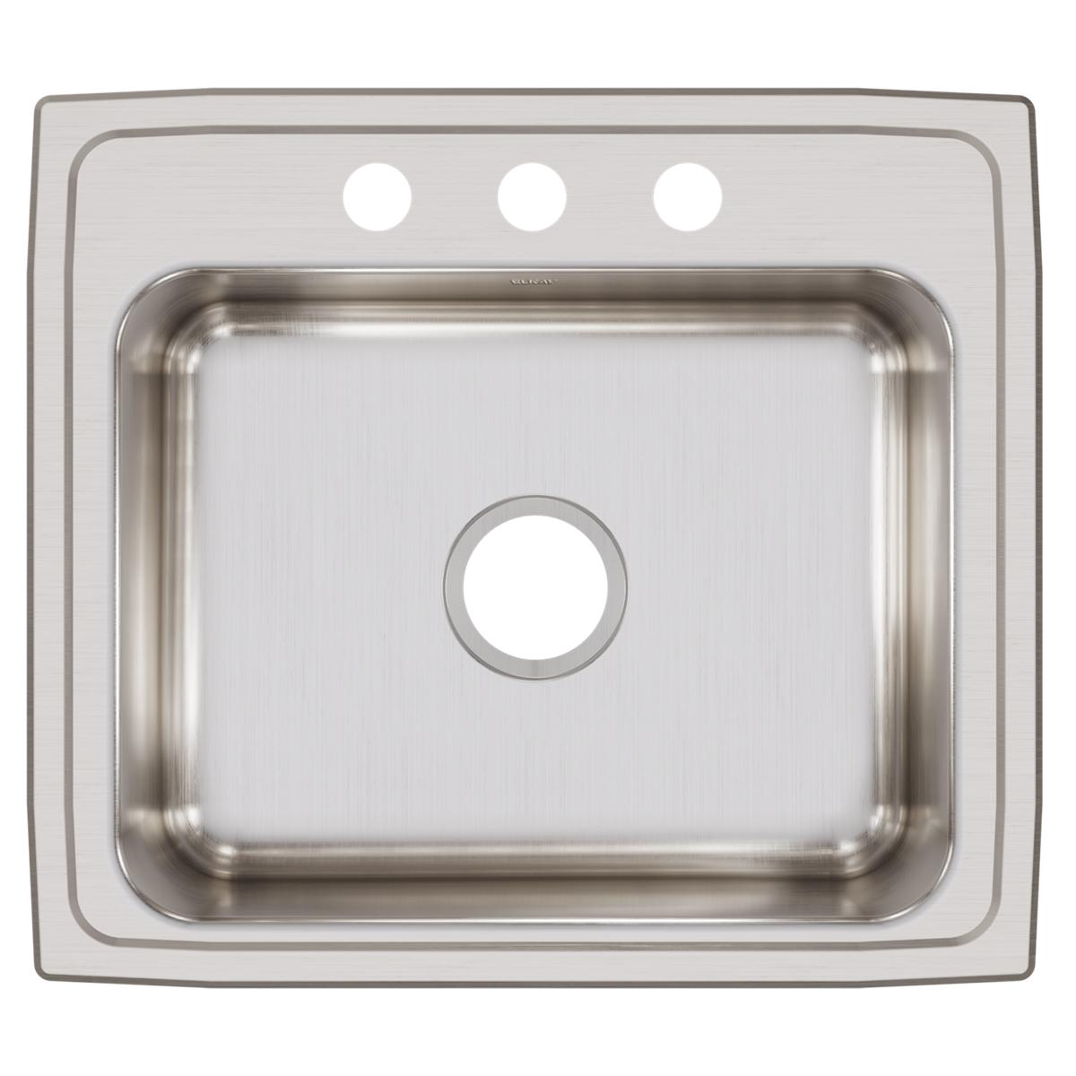 Stainless steel drop-in sink with single bowl, three faucet holes, and brushed finish, viewed from above.