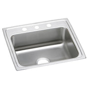 Stainless steel drop-in sink with single bowl, drain opening, and three holes for faucet mounting on rim.