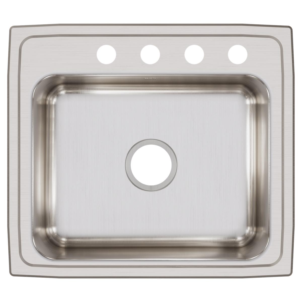 Stainless steel drop-in sink with single bowl, four mounting holes across top rim, and brushed finish surface.