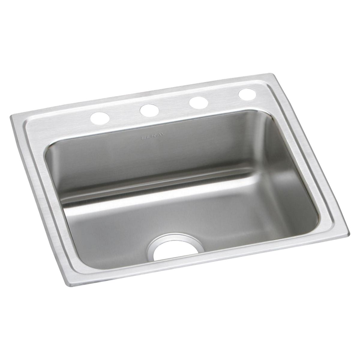 Stainless steel drop-in sink with single bowl, drain hole, and four faucet holes across brushed top rim.