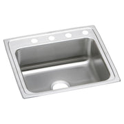 Stainless steel drop-in sink with single bowl, drain hole, and four faucet holes across brushed top rim.