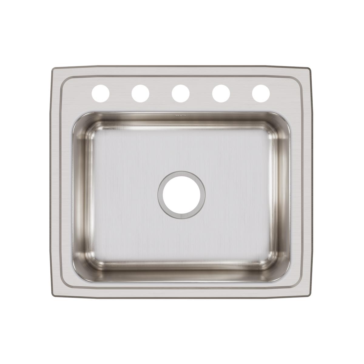 Stainless steel drop-in sink with single bowl and five holes in rim, viewed from above.