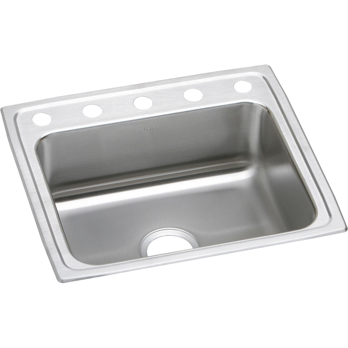 Stainless steel drop-in sink with single bowl and five mounting holes along the rim.