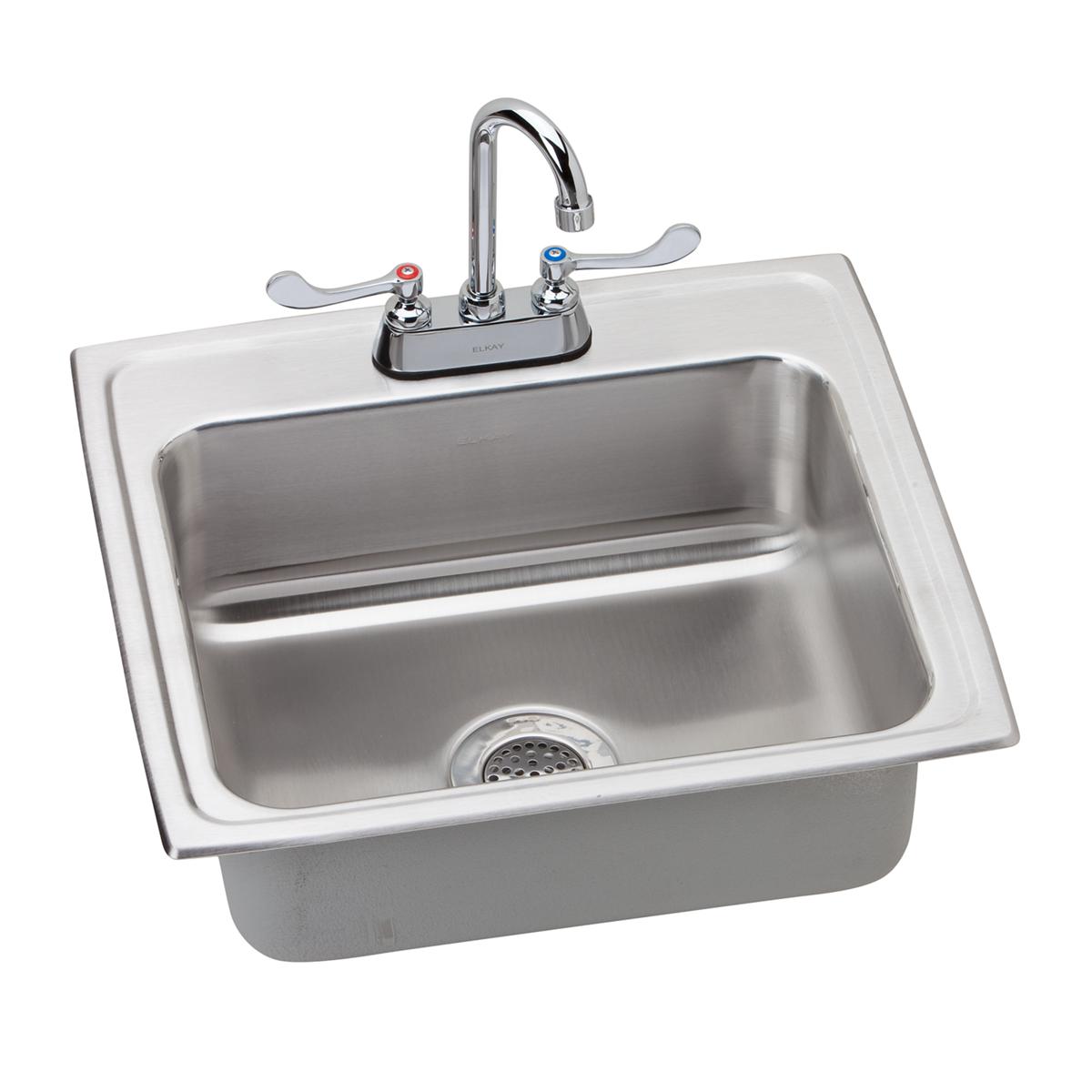 Stainless steel drop-in sink with single bowl, drainboard, and chrome faucet with gray handles.