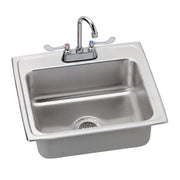 Stainless steel drop-in sink with single bowl, drainboard, and chrome faucet with gray handles.